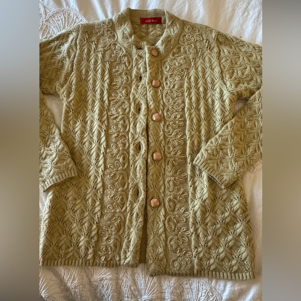 Vintage Embellished Cable Knit Cardigan – Wheat / Oatmeal – Cottagecore